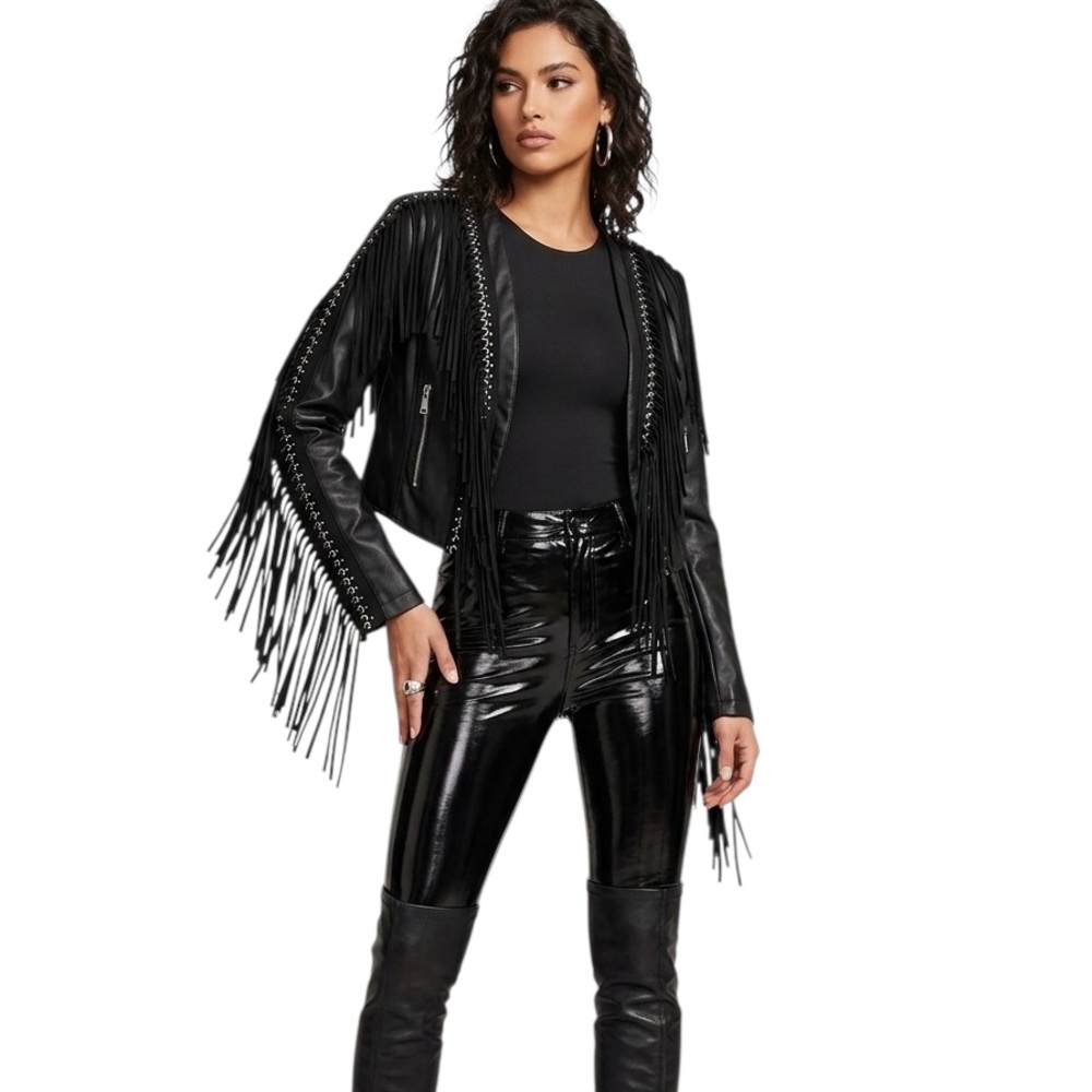 Black Fringe Faux Leather Jacket